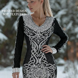 Women's Viking Tribe print V-neck Viking Dress - Cinched Waist Bodice &, Machine Washable Historical Costume for Themed Parties, Viking Weddings, Renaissance Fairs - All-Season Elegant Norse Attire