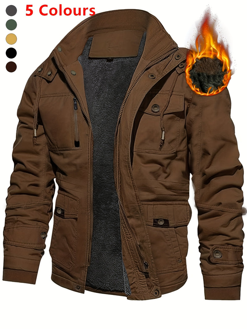 Men'S Thickened Warm Mid-Length Heavyweight Jacket with Detachable Hood - Multiple Zippered Pockets, Casual Outdoor Workwear, Polyester Lined, Button-Up Front, Regular Fit for Cold Weather, Winter Outerwear | Functional Desig