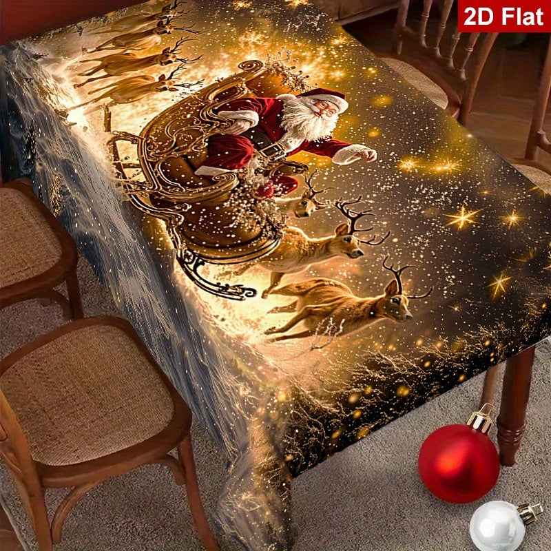 1pc Elegant Christmas Tablecloth with Golden Snowflake & Santa Claus Design - Luxury Rectangular Holiday Table Cover for Dining, Parties, Home Decor - Durable Polyester Fabric, Machine-made, Perfect For Christmas & New Year C