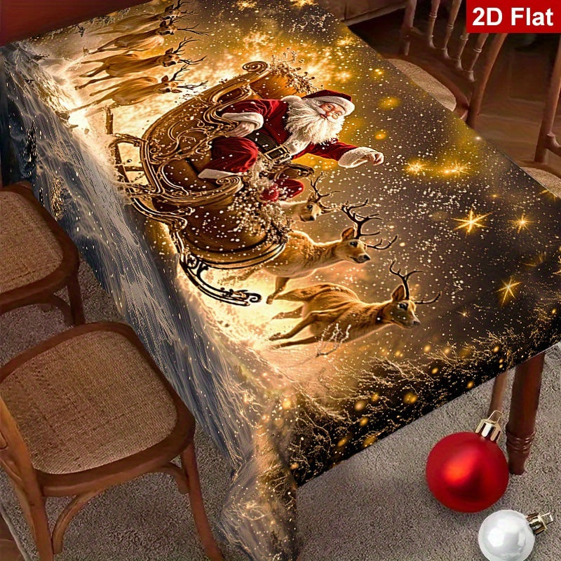 1pc Elegant Christmas Tablecloth with Golden Snowflake & Santa Claus Design - Luxury Rectangular Holiday Table Cover for Dining, Parties, Home Decor - Durable Polyester Fabric, Machine-made, Perfect For Christmas & New Year C