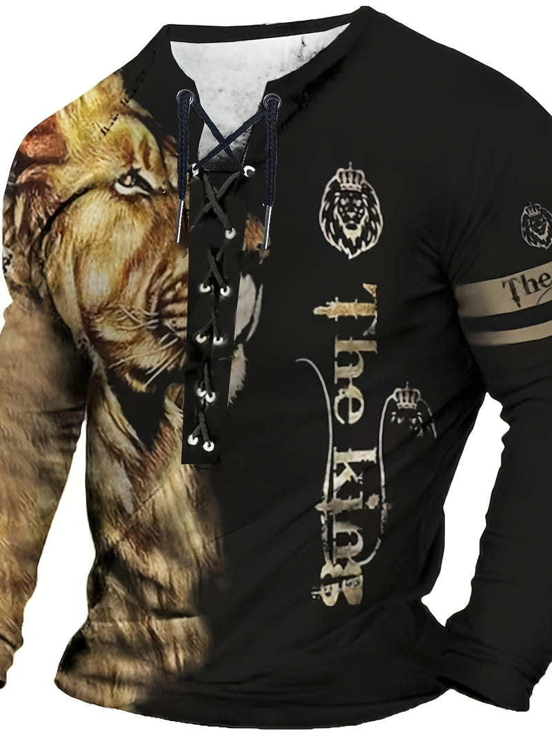 Men's Vintage-Inspired Casual Long Sleeve Henley Shirt with Lion & "THE KING" Graphics, Breathable Polyester, Machine Washable - Black & Golden, Fall/Winter Wear