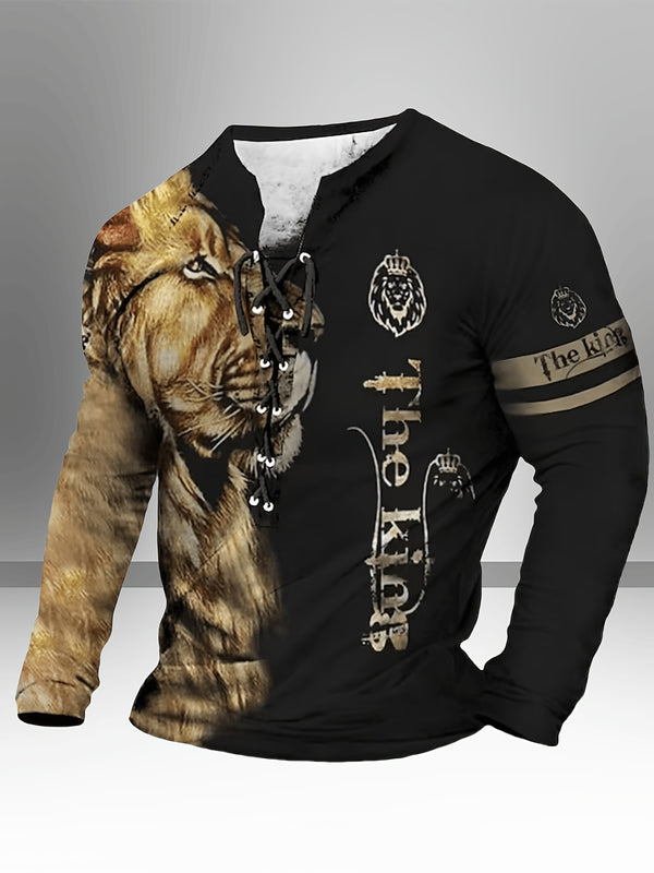 Men's Vintage-Inspired Casual Long Sleeve Henley Shirt with Lion & "THE KING" Graphics, Breathable Polyester, Machine Washable - Black & Golden, Fall/Winter Wear
