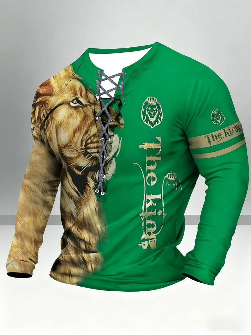 Men's Vintage-Inspired Casual Long Sleeve Henley Shirt with Lion & "THE KING" Graphics, Breathable Polyester, Machine Washable - Black & Golden, Fall/Winter Wear