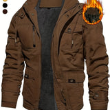 Men'S Thickened Warm Mid-Length Heavyweight Jacket with Detachable Hood - Multiple Zippered Pockets, Casual Outdoor Workwear, Polyester Lined, Button-Up Front, Regular Fit for Cold Weather, Winter Outerwear | Functional Desig
