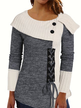 Women's Elegant Long Sleeve Top - Contrast Color Block Design with Asymmetrical Hem, Stretchy Mid-Weight Fabric & Machine Washable, All-Season Versatile Casual to Dressy Wear