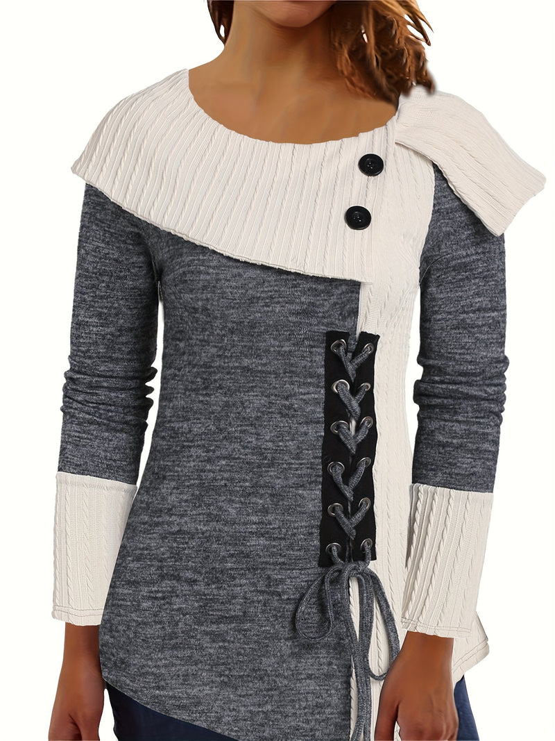 Women's Elegant Long Sleeve Top - Contrast Color Block Design with Asymmetrical Hem, Stretchy Mid-Weight Fabric & Machine Washable, All-Season Versatile Casual to Dressy Wear