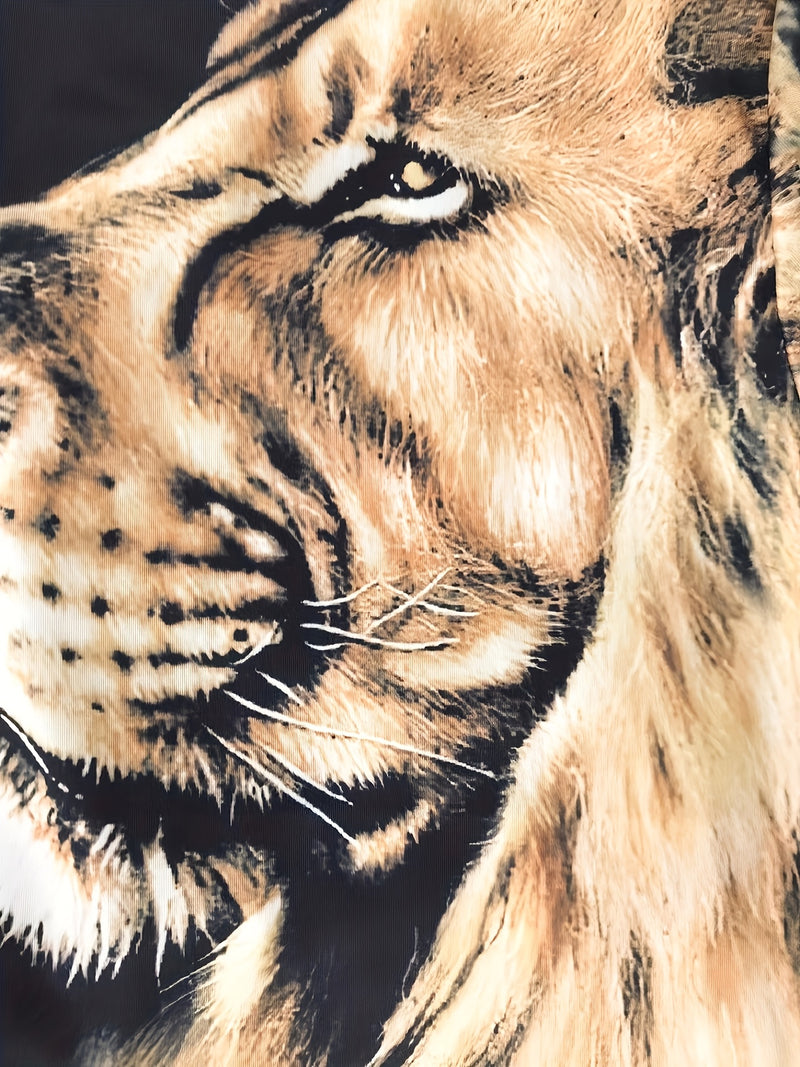 Men's Vintage-Inspired Casual Long Sleeve Henley Shirt with Lion & "THE KING" Graphics, Breathable Polyester, Machine Washable - Black & Golden, Fall/Winter Wear