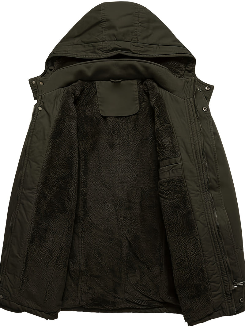 Men'S Thickened Warm Mid-Length Heavyweight Jacket with Detachable Hood - Multiple Zippered Pockets, Casual Outdoor Workwear, Polyester Lined, Button-Up Front, Regular Fit for Cold Weather, Winter Outerwear | Functional Desig