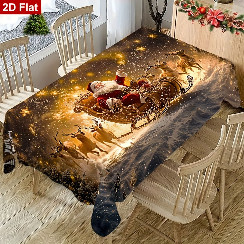 1pc Elegant Christmas Tablecloth with Golden Snowflake & Santa Claus Design - Luxury Rectangular Holiday Table Cover for Dining, Parties, Home Decor - Durable Polyester Fabric, Machine-made, Perfect For Christmas & New Year C