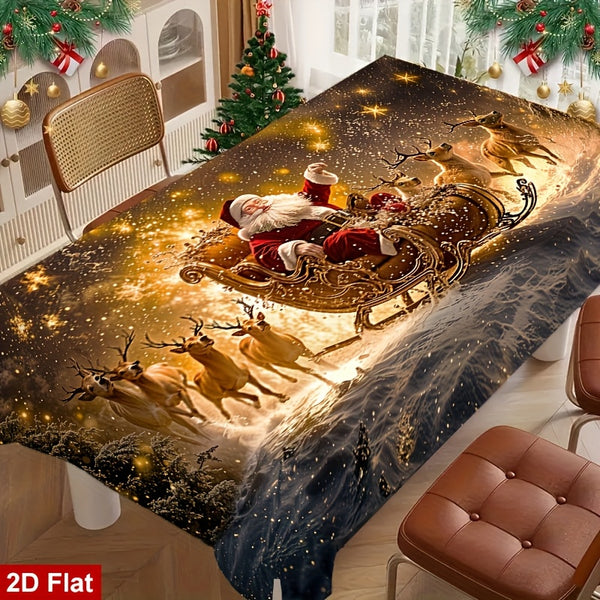 1pc Elegant Christmas Tablecloth with Golden Snowflake & Santa Claus Design - Luxury Rectangular Holiday Table Cover for Dining, Parties, Home Decor - Durable Polyester Fabric, Machine-made, Perfect For Christmas & New Year C