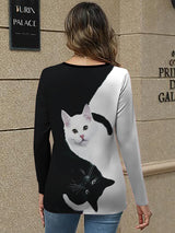 Elegant Women'S V-Neck Black And White Cat Print Top, Stylish Long-Sleeve T-Shirt with V-Neck Design.