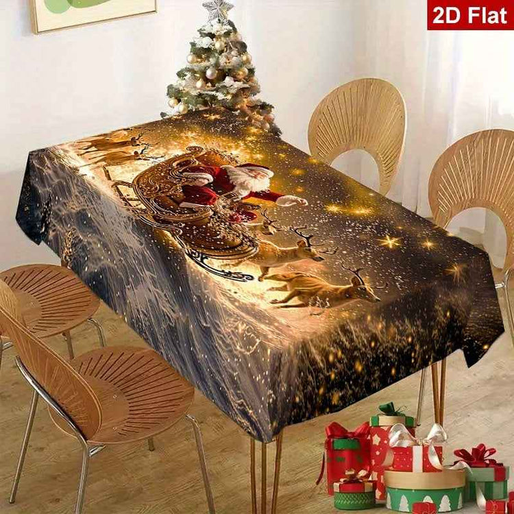 1pc Elegant Christmas Tablecloth with Golden Snowflake & Santa Claus Design - Luxury Rectangular Holiday Table Cover for Dining, Parties, Home Decor - Durable Polyester Fabric, Machine-made, Perfect For Christmas & New Year C