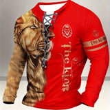 Men's Vintage-Inspired Casual Long Sleeve Henley Shirt with Lion & "THE KING" Graphics, Breathable Polyester, Machine Washable - Black & Golden, Fall/Winter Wear