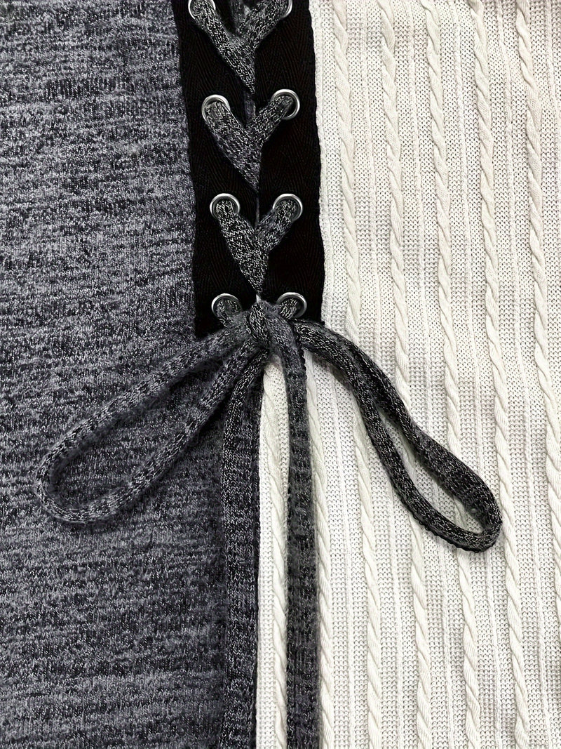 Women's Elegant Long Sleeve Top - Contrast Color Block Design with Asymmetrical Hem, Stretchy Mid-Weight Fabric & Machine Washable, All-Season Versatile Casual to Dressy Wear