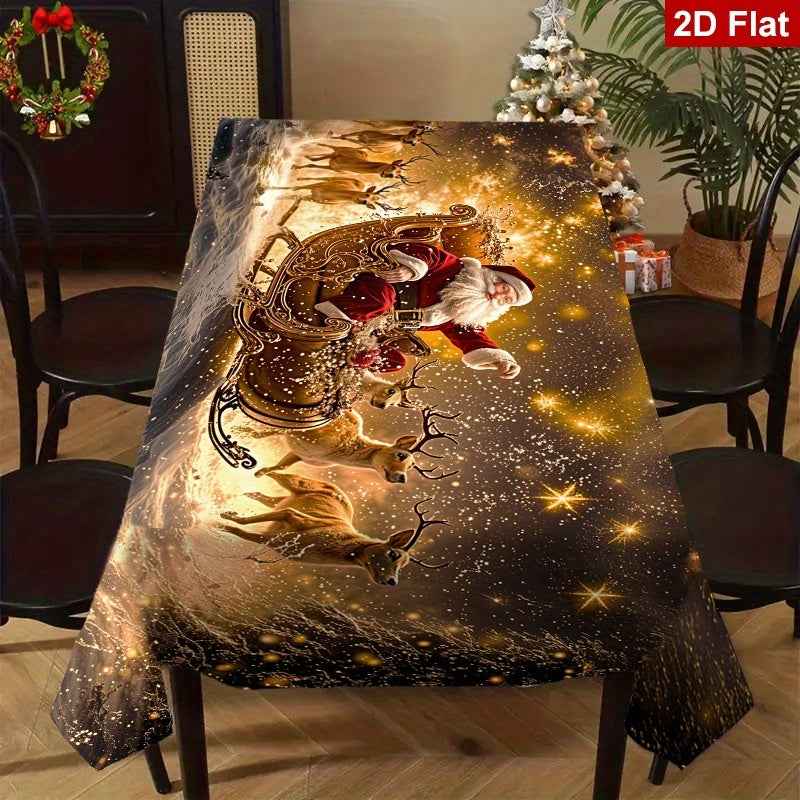 1pc Elegant Christmas Tablecloth with Golden Snowflake & Santa Claus Design - Luxury Rectangular Holiday Table Cover for Dining, Parties, Home Decor - Durable Polyester Fabric, Machine-made, Perfect For Christmas & New Year C