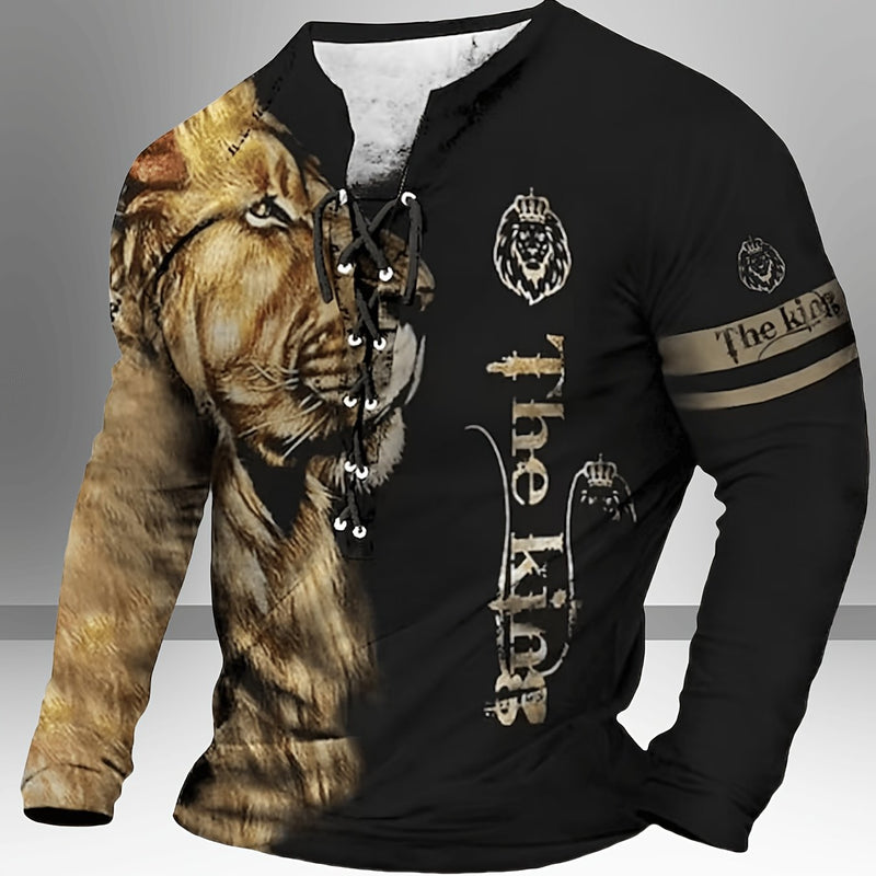 Men's Vintage-Inspired Casual Long Sleeve Henley Shirt with Lion & "THE KING" Graphics, Breathable Polyester, Machine Washable - Black & Golden, Fall/Winter Wear