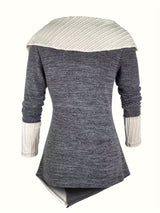 Women's Elegant Long Sleeve Top - Contrast Color Block Design with Asymmetrical Hem, Stretchy Mid-Weight Fabric & Machine Washable, All-Season Versatile Casual to Dressy Wear