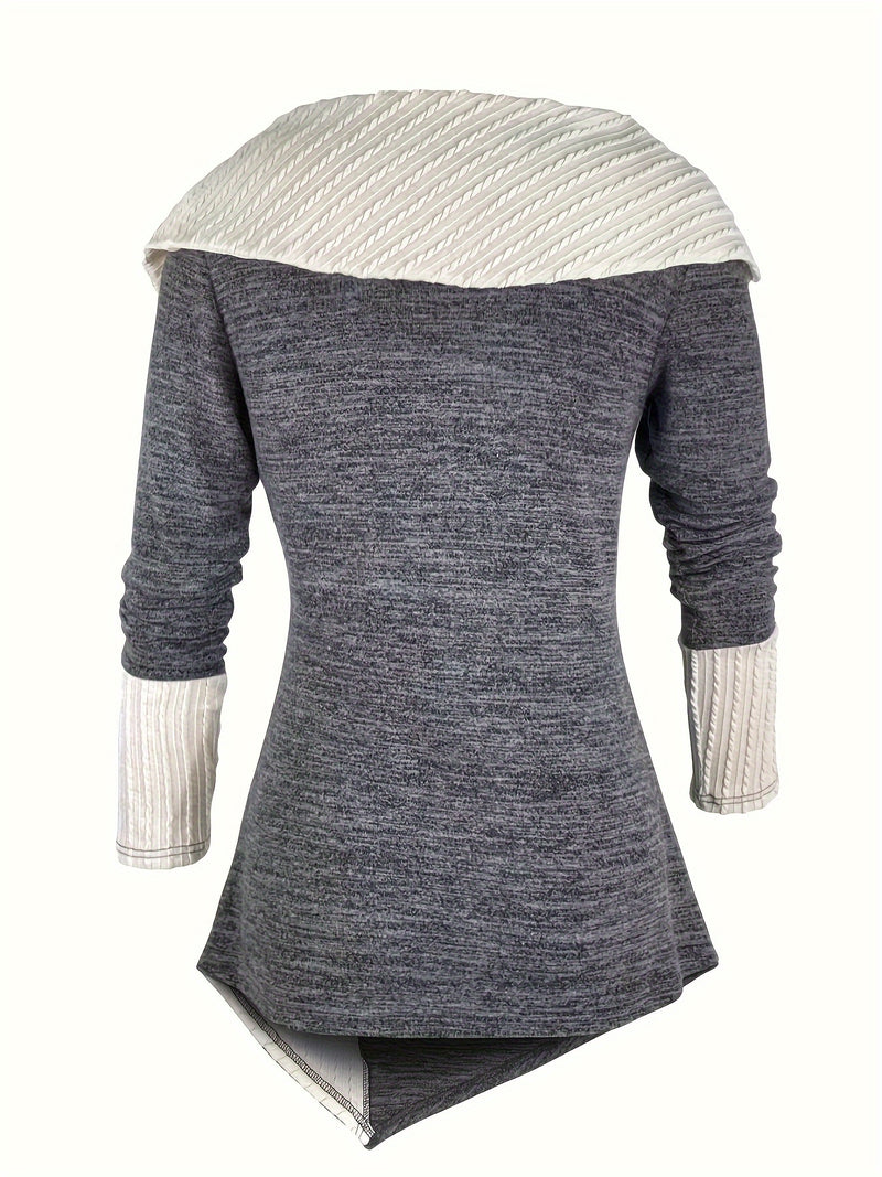 Women's Elegant Long Sleeve Top - Contrast Color Block Design with Asymmetrical Hem, Stretchy Mid-Weight Fabric & Machine Washable, All-Season Versatile Casual to Dressy Wear