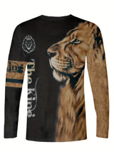 Men's Vintage-Inspired Casual Long Sleeve Henley Shirt with Lion & "THE KING" Graphics, Breathable Polyester, Machine Washable - Black & Golden, Fall/Winter Wear