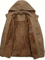 Men'S Thickened Warm Mid-Length Heavyweight Jacket with Detachable Hood - Multiple Zippered Pockets, Casual Outdoor Workwear, Polyester Lined, Button-Up Front, Regular Fit for Cold Weather, Winter Outerwear | Functional Desig