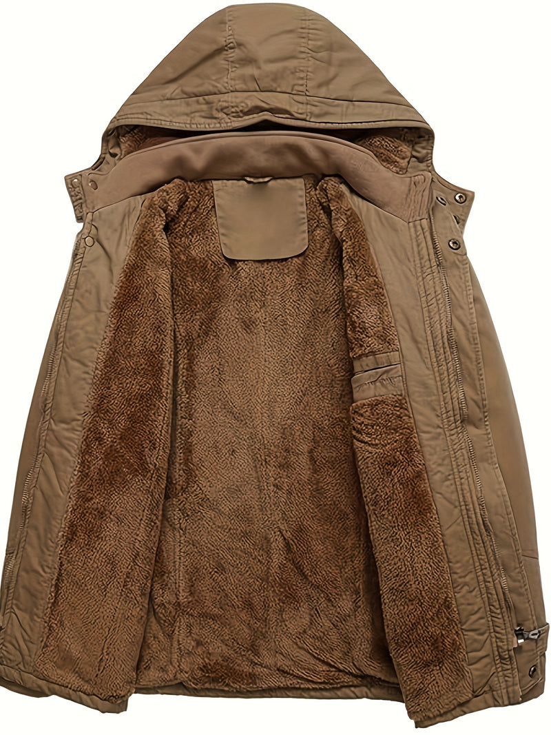 Men'S Thickened Warm Mid-Length Heavyweight Jacket with Detachable Hood - Multiple Zippered Pockets, Casual Outdoor Workwear, Polyester Lined, Button-Up Front, Regular Fit for Cold Weather, Winter Outerwear | Functional Desig