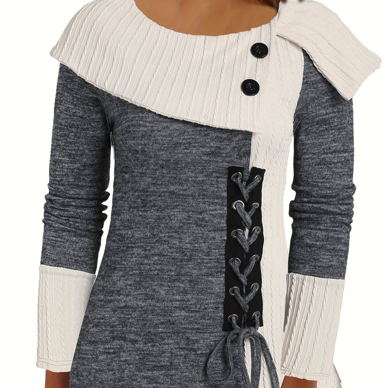 Women's Elegant Long Sleeve Top - Contrast Color Block Design with Asymmetrical Hem, Stretchy Mid-Weight Fabric & Machine Washable, All-Season Versatile Casual to Dressy Wear