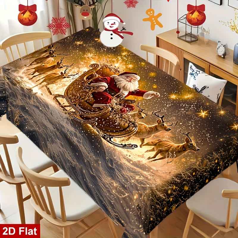 1pc Elegant Christmas Tablecloth with Golden Snowflake &amp; Santa Claus Design - Luxury Rectangular Holiday Table Cover for Dining, Parties, Home Decor - Durable Polyester Fabric, Machine-made, Perfect For Christmas &amp; New Year C