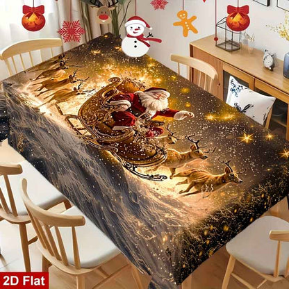 1pc Elegant Christmas Tablecloth with Golden Snowflake &amp; Santa Claus Design - Luxury Rectangular Holiday Table Cover for Dining, Parties, Home Decor - Durable Polyester Fabric, Machine-made, Perfect For Christmas &amp; New Year C