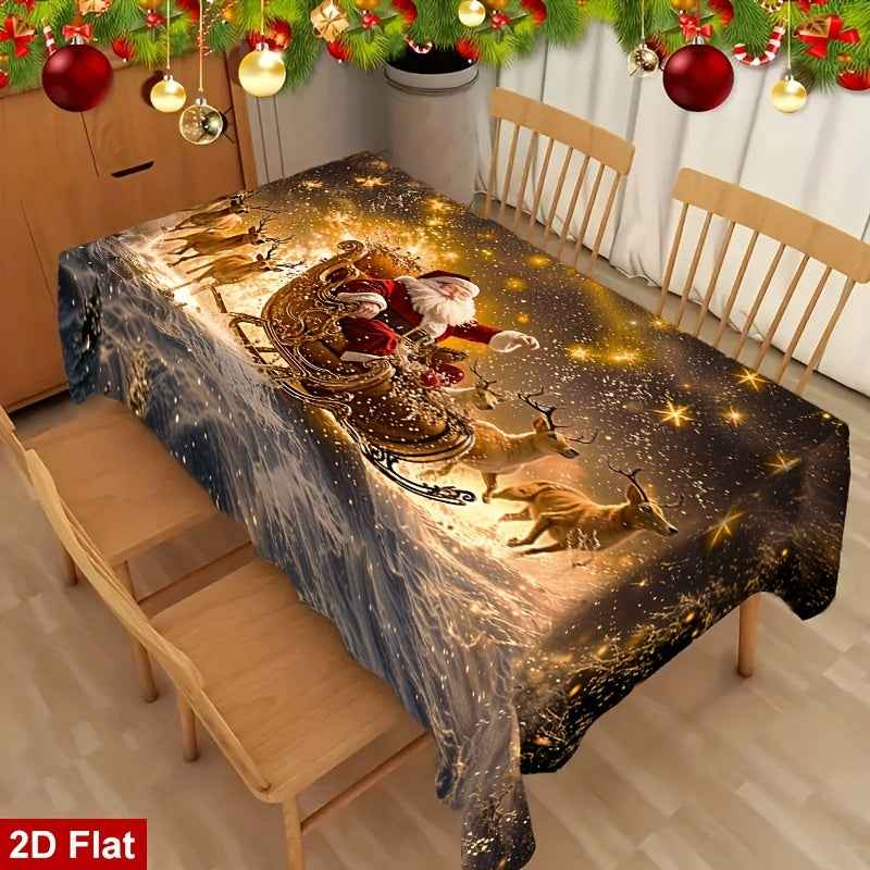 1pc Elegant Christmas Tablecloth with Golden Snowflake & Santa Claus Design - Luxury Rectangular Holiday Table Cover for Dining, Parties, Home Decor - Durable Polyester Fabric, Machine-made, Perfect For Christmas & New Year C