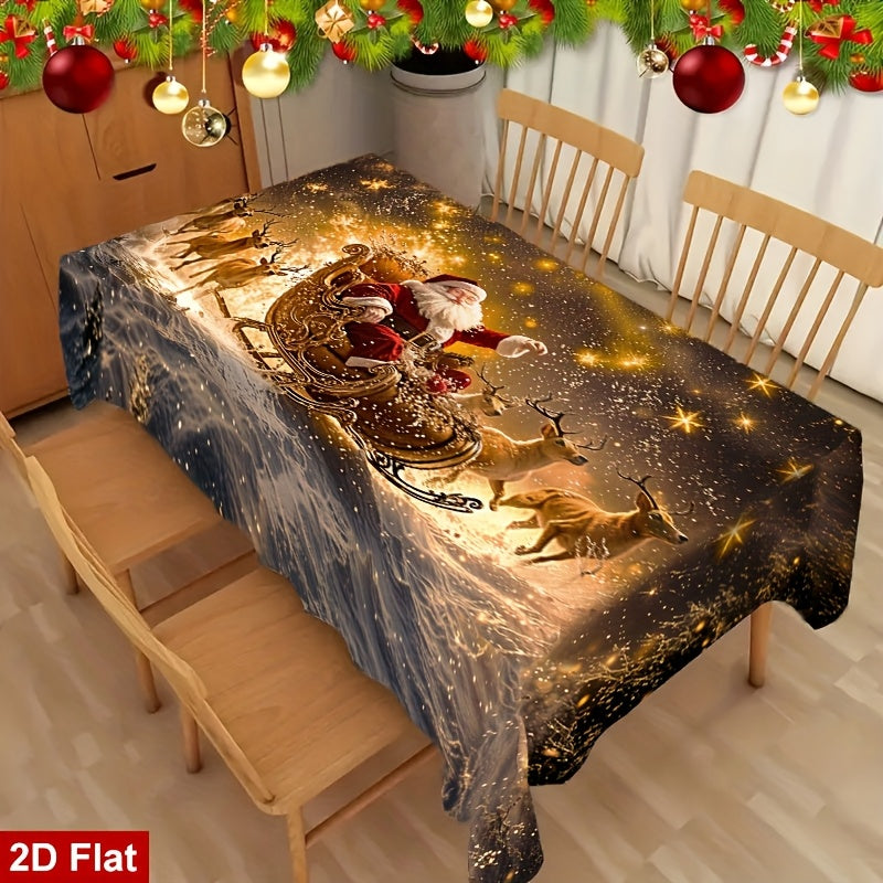 1pc Elegant Christmas Tablecloth with Golden Snowflake & Santa Claus Design - Luxury Rectangular Holiday Table Cover for Dining, Parties, Home Decor - Durable Polyester Fabric, Machine-made, Perfect For Christmas & New Year C