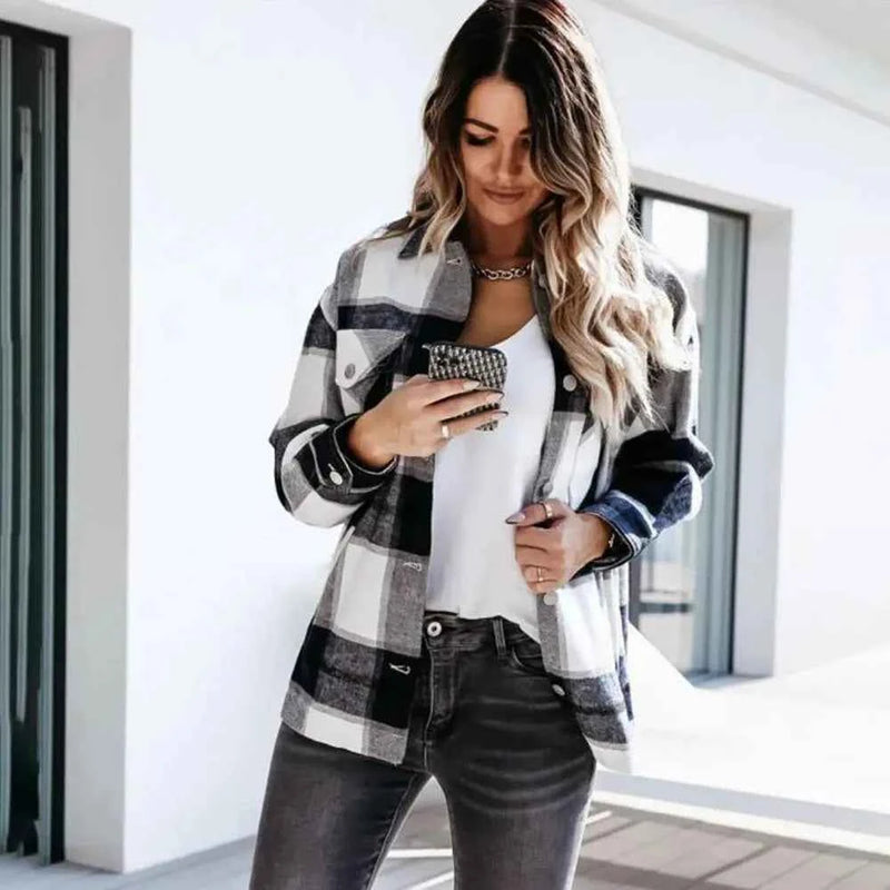 Shirts For Women Plaid Long Sleeve Button Up Shirt Collared Tops And Blouse 2024 Autumn Spring Fashion Loose Casual Black White