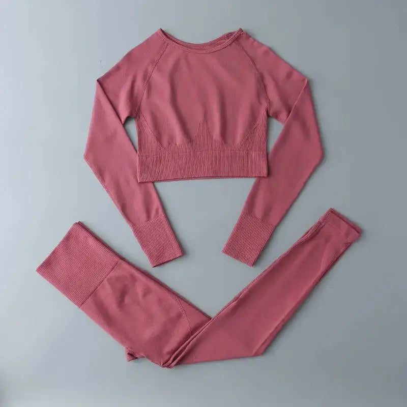 High Waist Elastic Seamless Yoga Wear Women Fitness Clothes Gym Clothing Workout Set Long Sleeve Crop Top Leggings Sports Suit - Mein Shop