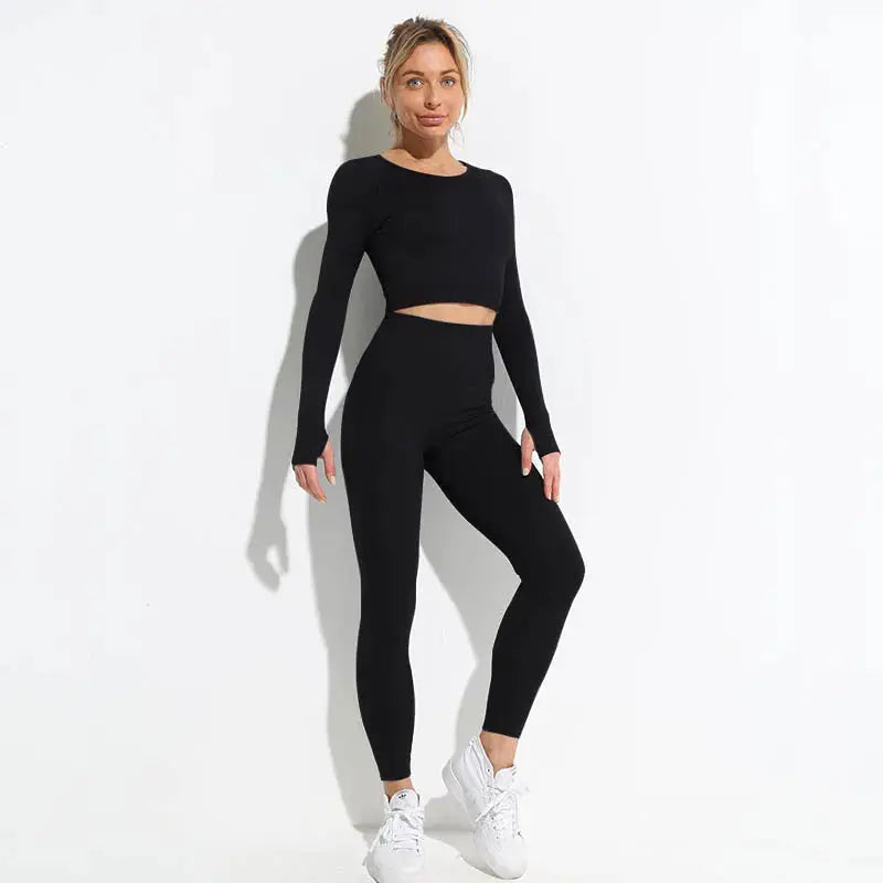 High Waist Elastic Seamless Yoga Wear Women Fitness Clothes Gym Clothing Workout Set Long Sleeve Crop Top Leggings Sports Suit - Mein Shop
