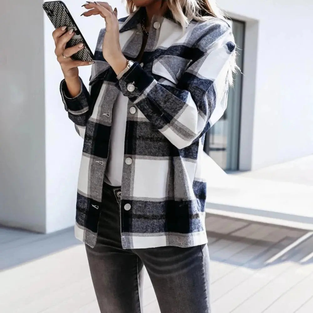Shirts For Women Plaid Long Sleeve Button Up Shirt Collared Tops And Blouse 2024 Autumn Spring Fashion Loose Casual Black White - Mein Shop