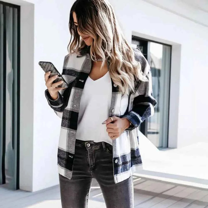 Shirts For Women Plaid Long Sleeve Button Up Shirt Collared Tops And Blouse 2024 Autumn Spring Fashion Loose Casual Black White