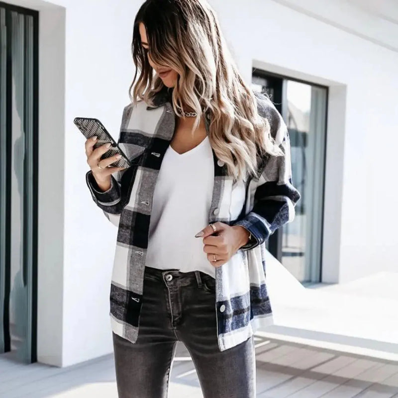 Shirts For Women Plaid Long Sleeve Button Up Shirt Collared Tops And Blouse 2024 Autumn Spring Fashion Loose Casual Black White - Mein Shop