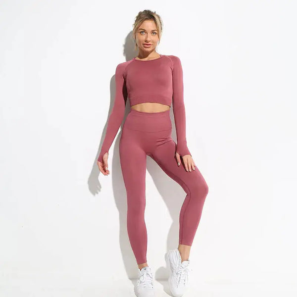 High Waist Elastic Seamless Yoga Wear Women Fitness Clothes Gym Clothing Workout Set Long Sleeve Crop Top Leggings Sports Suit - Mein Shop