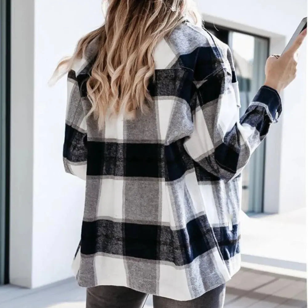 Shirts For Women Plaid Long Sleeve Button Up Shirt Collared Tops And Blouse 2024 Autumn Spring Fashion Loose Casual Black White - Mein Shop