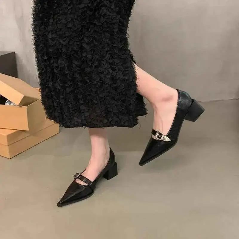 2025 Women Shoe Fashion Pointed High Heel Single Shoe Trend New Retro Spring Belt Buckle French Elegant Banquet Dress Shoes