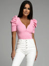 Women's Shirt Sexy Fashion Solid Color 2025 Spring Summer Short Sleeve Bubble Sleeve Slim Deep V-neck Personality Blouse Women - Mein Shop