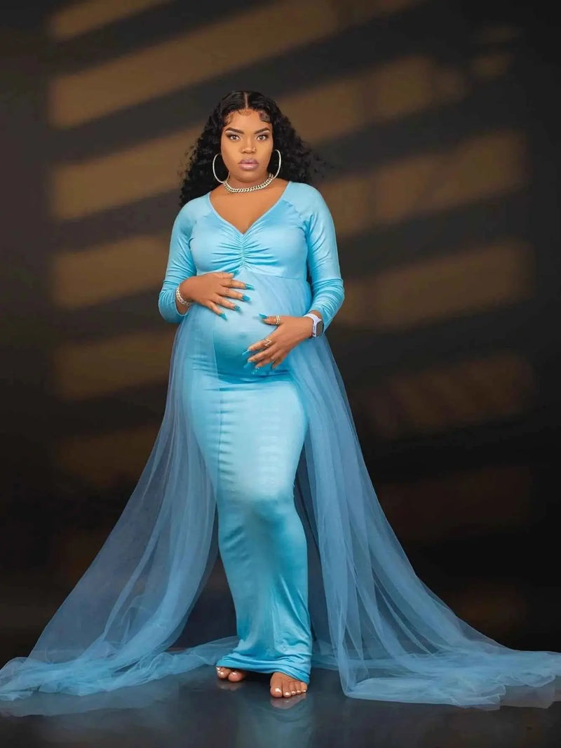 Schwangerenkleider Fotoshooting mit langen Ärmeln und V-Ausschnitt, elegante Mesh-Robe mit Bodenschleppe für Schwangerschaftsfotos und Babypartys