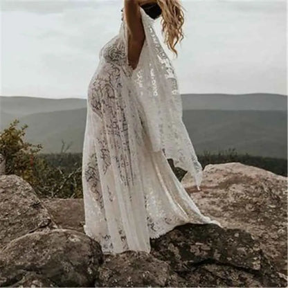 Umstandskleid mit Spitzenärmel - Maternity Batwing Sleeve V-Ausschnitt Langes Kleid für schwangere Frauen, ideal für Fotoshootings und als Requisit