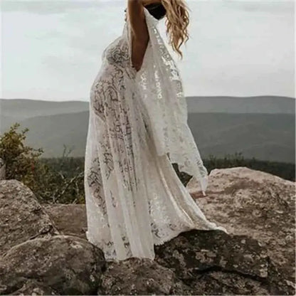 Umstandskleid mit Spitzenärmel - Maternity Batwing Sleeve V-Ausschnitt Langes Kleid für schwangere Frauen, ideal für Fotoshootings und als Requisit