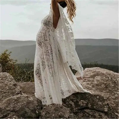 Umstandskleid mit Spitzenärmel - Maternity Batwing Sleeve V-Ausschnitt Langes Kleid für schwangere Frauen, ideal für Fotoshootings und als Requisit