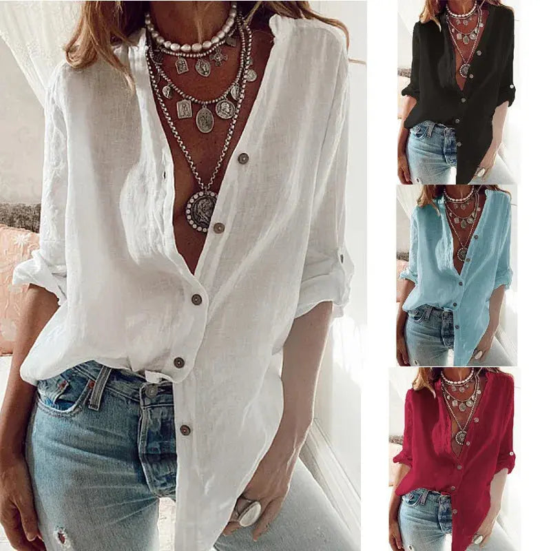 White Shirt for Women Long-sleeved Blouses Cotton Solid Color Loose V-neck Black Top Simple Casual Shirt for Female - Mein Shop
