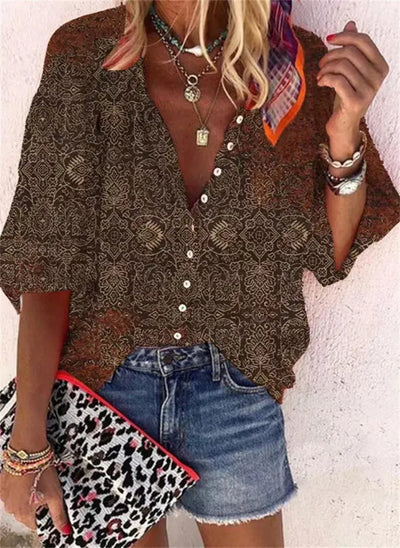2024 New Women's Shirts & Blouses Fashion Vintage Printed Casual Vacation Bohemian Style Lady Single-breasted Shirt Streetwear - Mein Shop