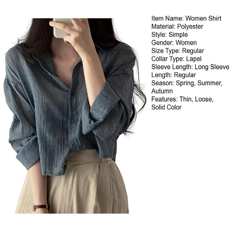 Women Shirt Turn Down Collar Cardigan Shirt Women Solid Color Sun Shirt - Mein Shop