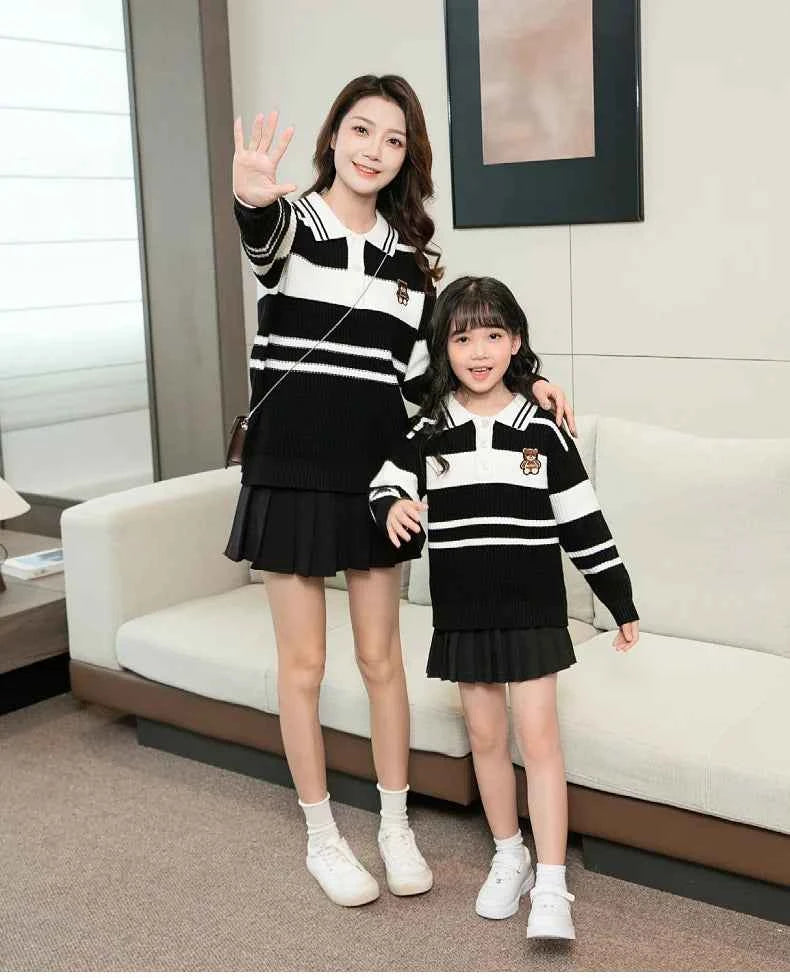 Sweater for The Whole Family Polo Knit Tops Fashion Mom and Daughter Child Girl Matching Jumper Dad and Son Baby Boy Knitwear