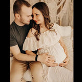 Schwangerschaftskleid Fotografie: Ein-Schulter Spitze Kurzoberteil & Leinen Baumwolle Lange Rock Maternity Kleider für Babypartys