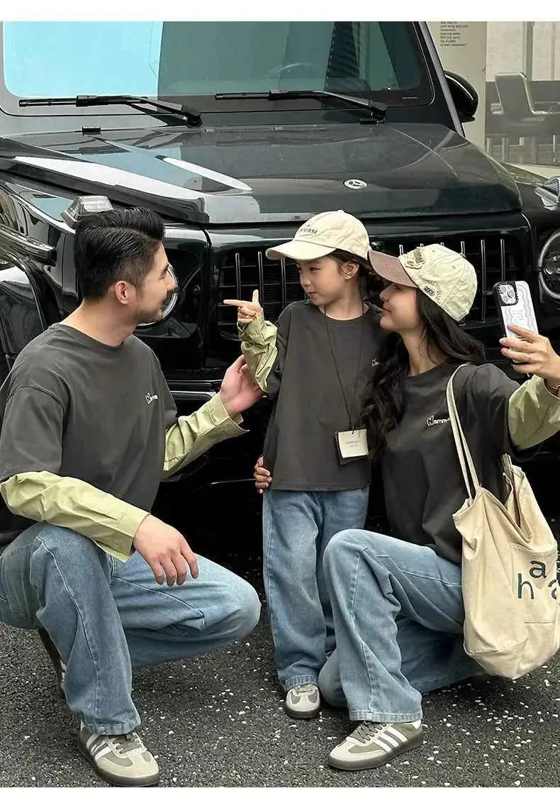 Fashion Family Long Sleeve T-shirt Parent-child Tee Korean Father Mother and Son Daughter Same Clothes Dad Mom and Baby Clothing